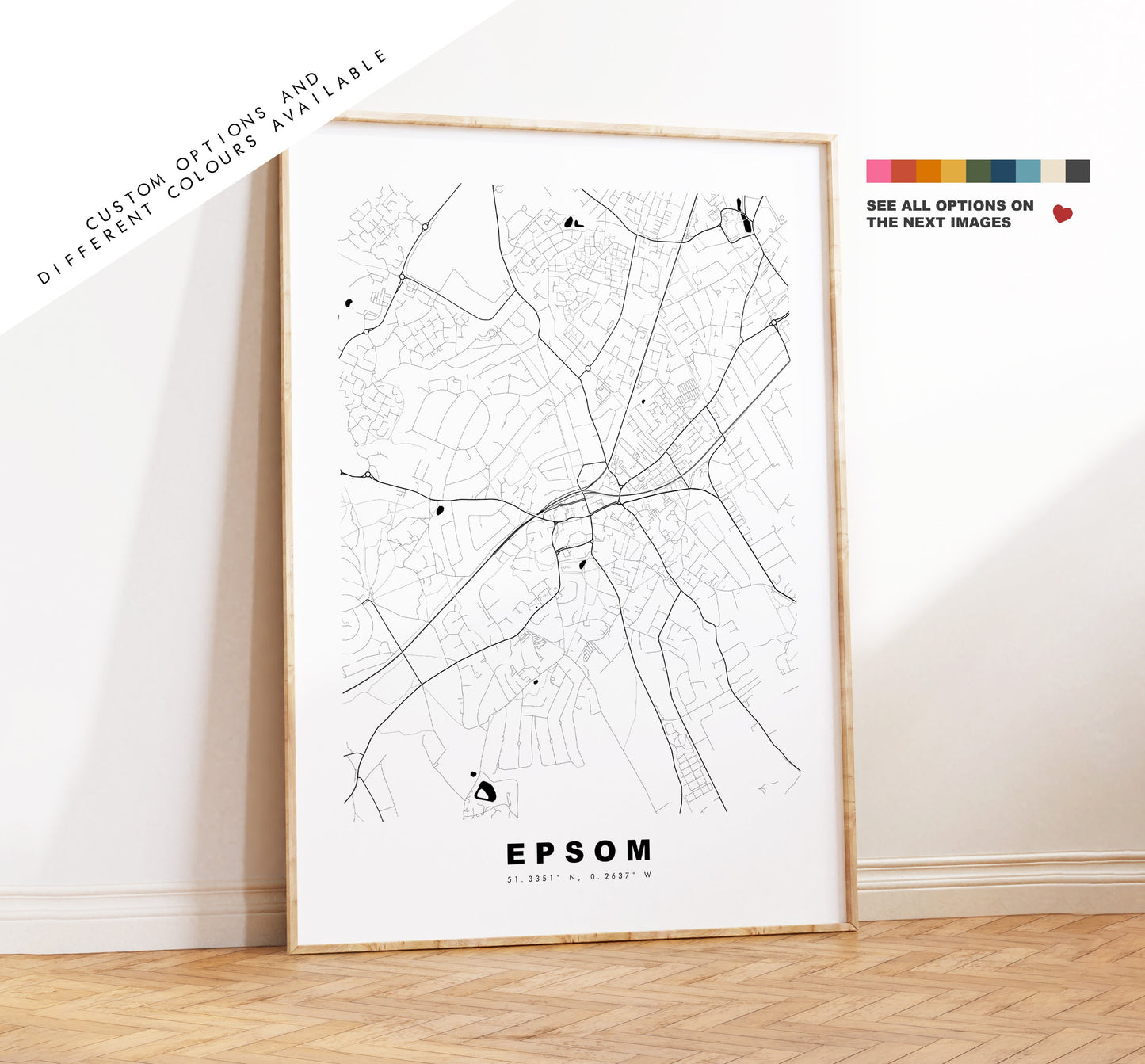 Epsom Map Print - Minimalist City Map Poster - Map Art - London, UK - Epsom Print - Epsom Poster - Different Colours Available