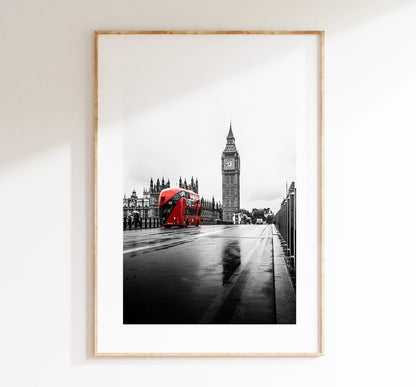 London Print - London Photography Print - Fine Art Photography - London Print - Poster - Wall Art - Westminster Bridge - London Bus - Red