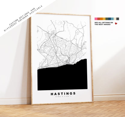 Hastings Map Print - Minimalist City Map Poster - Map Wall Art - UK - Hastings Print - Hastings Poster - Different Colours Available