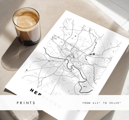 Hereford Map Print - Minimalist City Map Poster - Map Wall Art - UK - Hereford Print - Hereford Poster - Different Colours Available