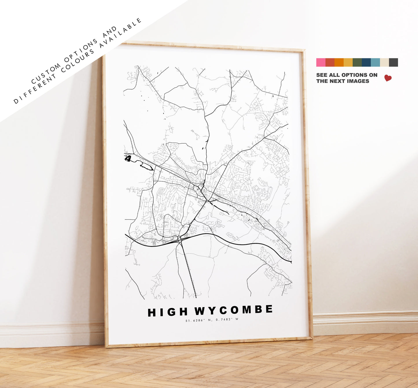 High Wycombe Map Print - Minimalist City Map Poster - Map Wall Art - UK - High Wycombe Print - Poster - Different Colours Available