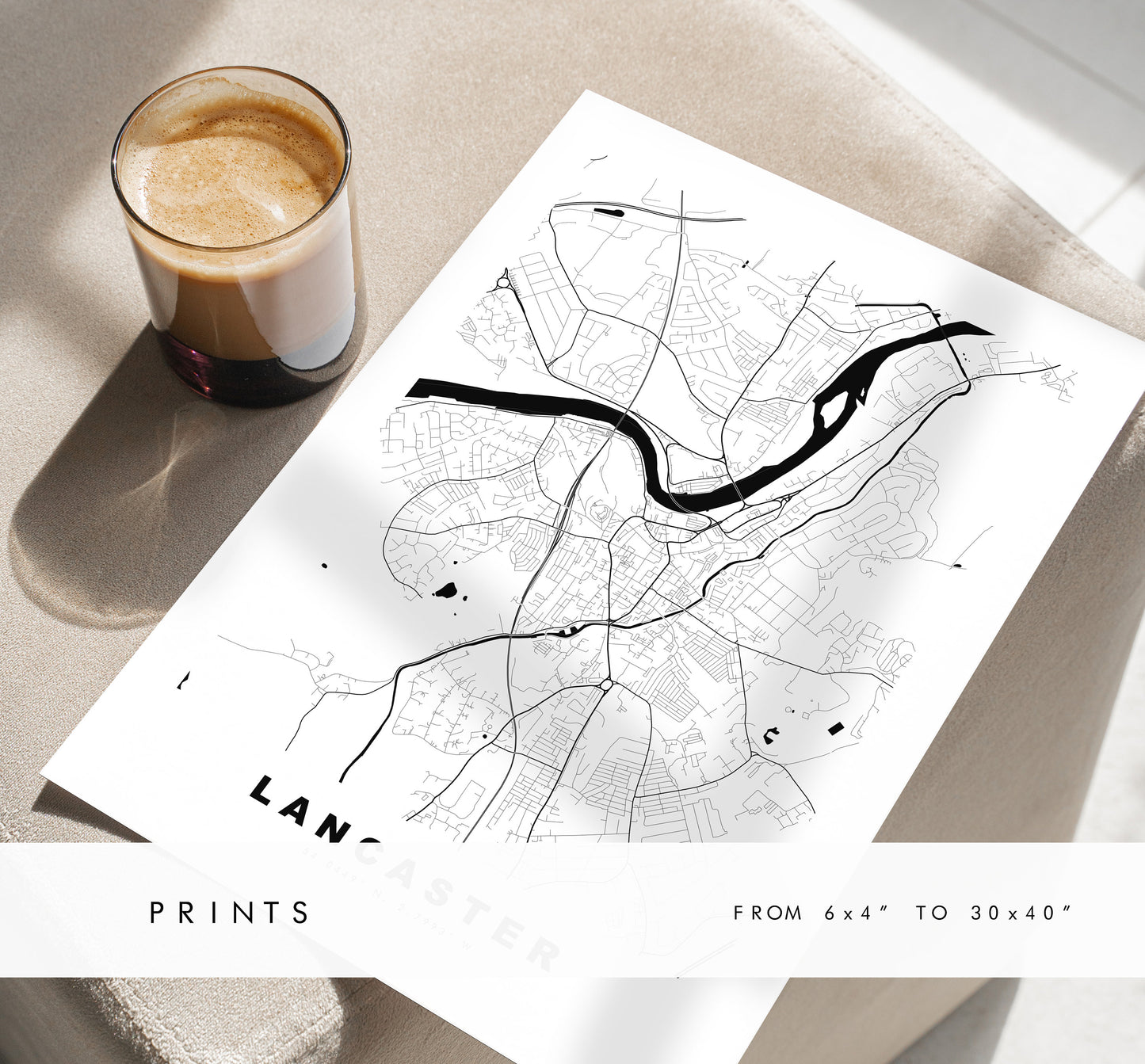 Lancaster Map Print - Minimalist City Map Poster - Map Wall Art - UK - Lancaster Print - Lancaster Poster - Different Colours Available