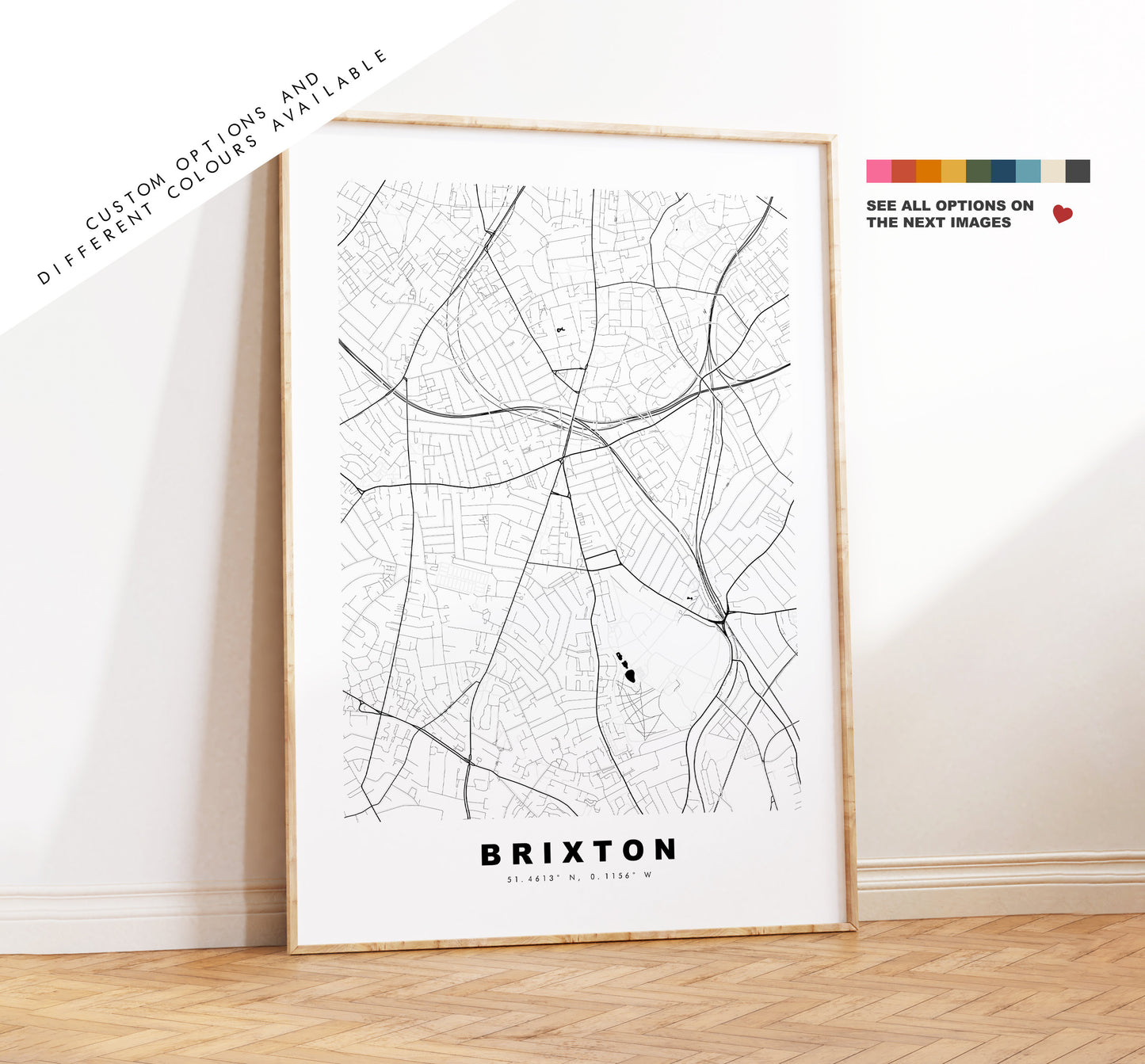 Brixton Map Print - Minimalist City Map Poster - Map Art - London, UK - Brixton Print - Brixton Poster - Different Colours Available