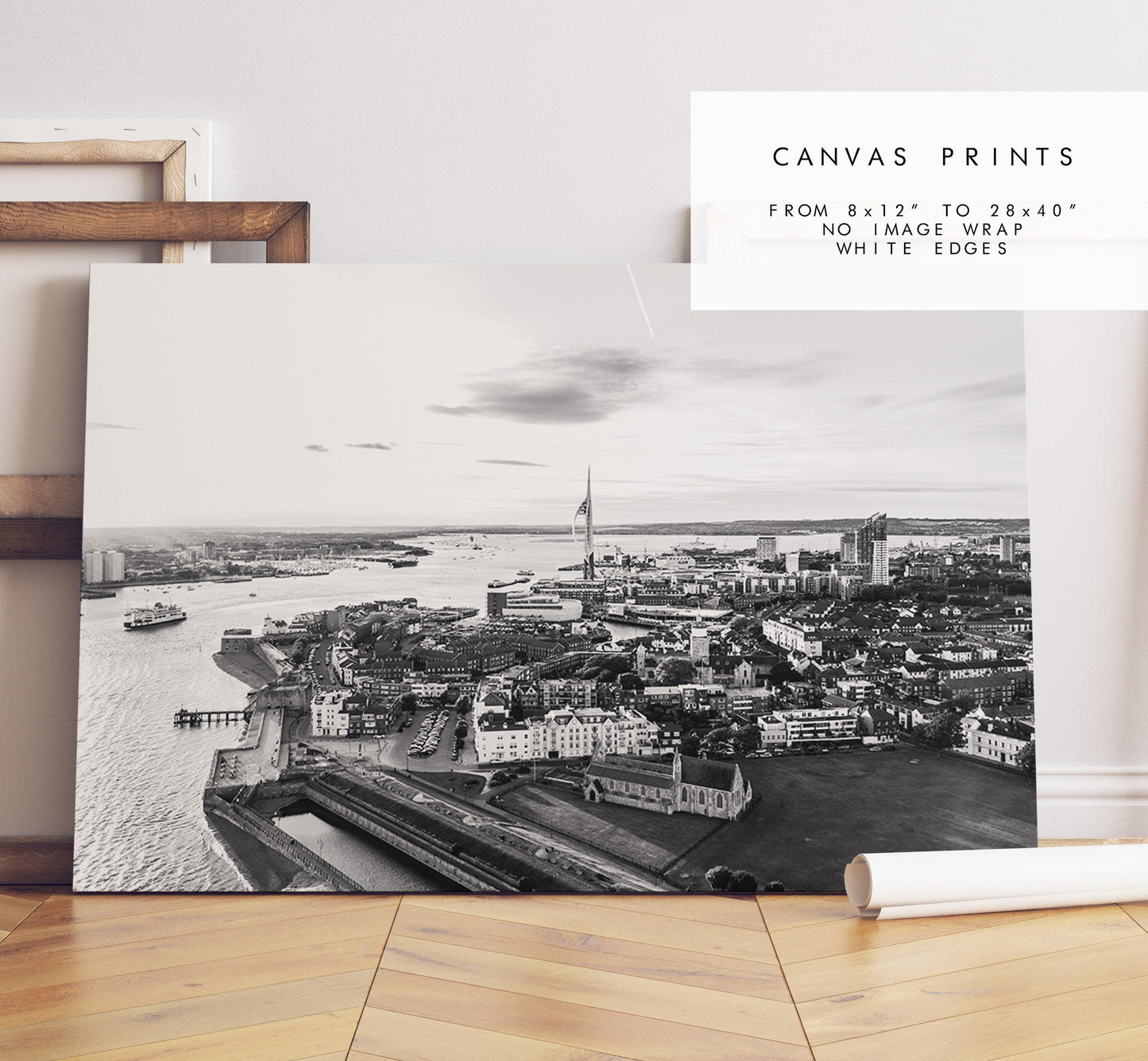 Portsmouth Skyline - Photography Print - Portsmouth and Southsea Prints - Wall Art -  Frame and Canvas Options - Landscape - Aerial - BW