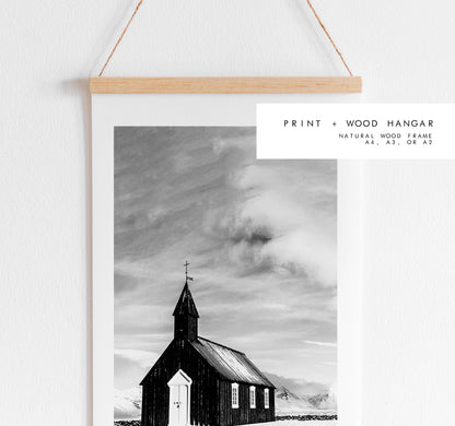 Budir Church Print - Iceland Photography Print - Iceland Wall Art - Iceland Poster - Black and White Photography - Black Church Iceland