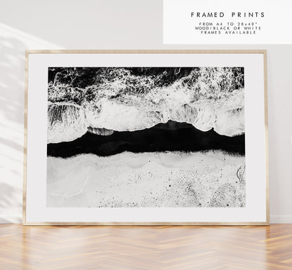 Black Beach - Iceland Photography Print - Iceland Wall Art - Iceland Poster - Aerial Photography - Black and White Photography - Landscape