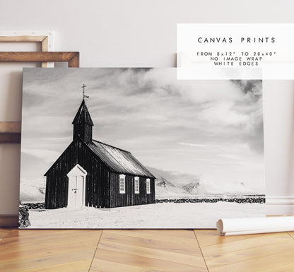 Budir Church Print - Iceland Photography Print - Iceland Wall Art - Iceland Poster - Black and White Photography - Landscape - Black Church