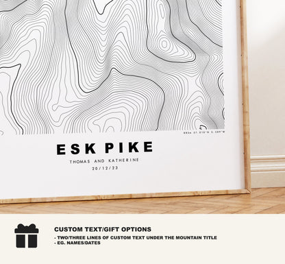 Esk Pike Print - Contour Map -  Esk Pike Lake District Map - Lake District - Topographic Map - Print - Poster - Wall Art - Topography