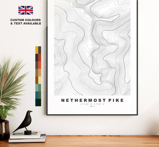 Nethermost Pike Print - Contour Map -  Nethermost Pike Lake District Map - Lake District - Topographic Map - Print - Poster - Wall Art