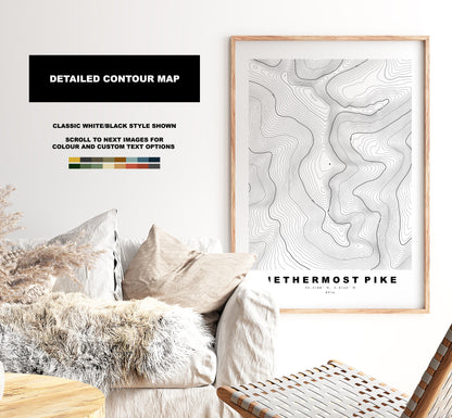 Nethermost Pike Print - Contour Map -  Nethermost Pike Lake District Map - Lake District - Topographic Map - Print - Poster - Wall Art