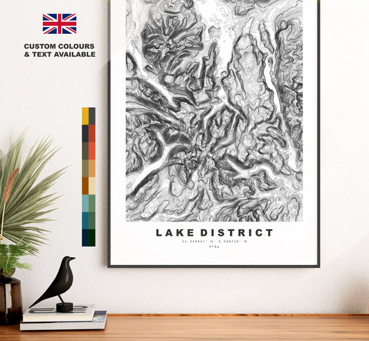 Lake District Print - Contour Map -  Lake District Map - Topographic Map - Print - Poster - Wall Art - Lake District Gift - Topography