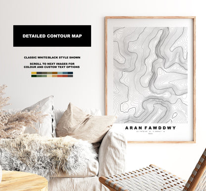 Aran Fawddwy Print - Contour Map - Snowdonia - Wales - Topographic Map - Print - Poster - Wall Art -  Aran Fawddwy Poster - Mawddwy Peak