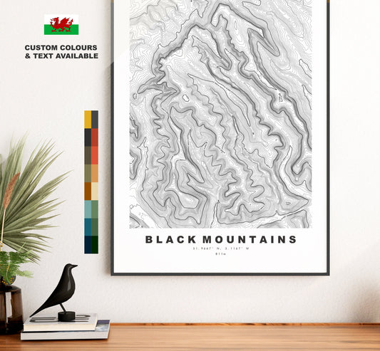 Black Mountains Print - Contour Map -  Black Mountains Map - Topographic Map - Print - Poster - Wall Art - Black Mountains Wales