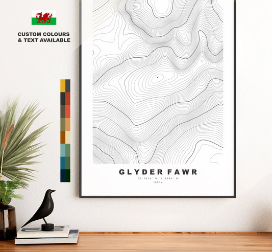 Glyder Fawr Print - Contour Map - Snowdonia - Wales - Topographic Map - Print - Poster - Wall Art - Glyder Fawr Poster - Relief Map