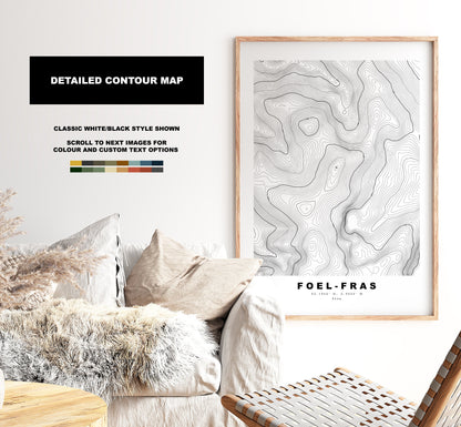 Foel-Fras Print - Contour Map - Snowdonia - Wales - Topographic Map - Print - Poster - Wall Art - Foel-Fras Poster - Relief Map - Topography