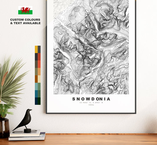 Snowdonia Print - Contour Map -  Snowdonia Map - Topographic Map - Print - Poster - Wall Art - Snowdonia Gift - Snowdon - Topography - Wales