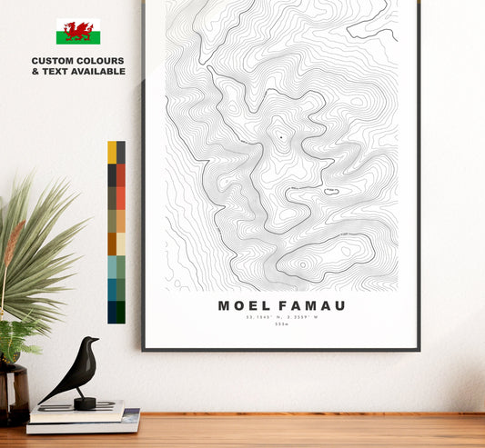 Moel Famau Print - Contour Map - Clwydian Hills - Wales - Topographic Map - Print - Poster - Wall Art - Moel Famau Map - Topography