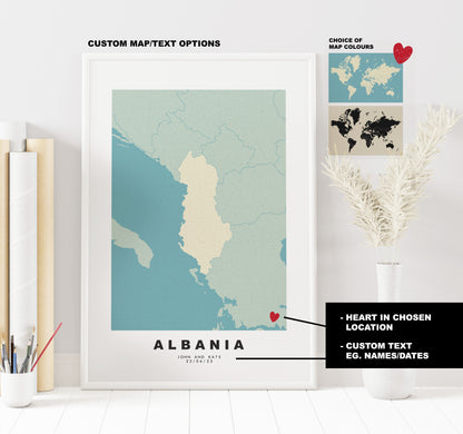 Albania Map Print - Personalised Map Gift - Framed or Canvas Options Available - Custom Text Options - Personalised Gift - Europe