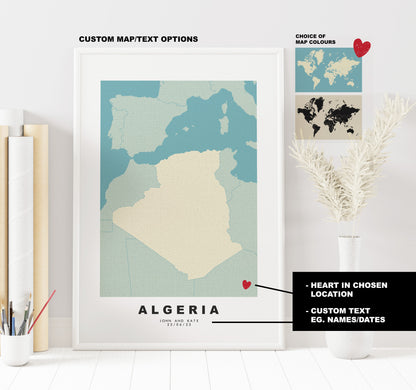 Algeria Map Print - Personalised Map Gift - Framed or Canvas Options Available - Custom Text Options - Personalised Gift - Africa