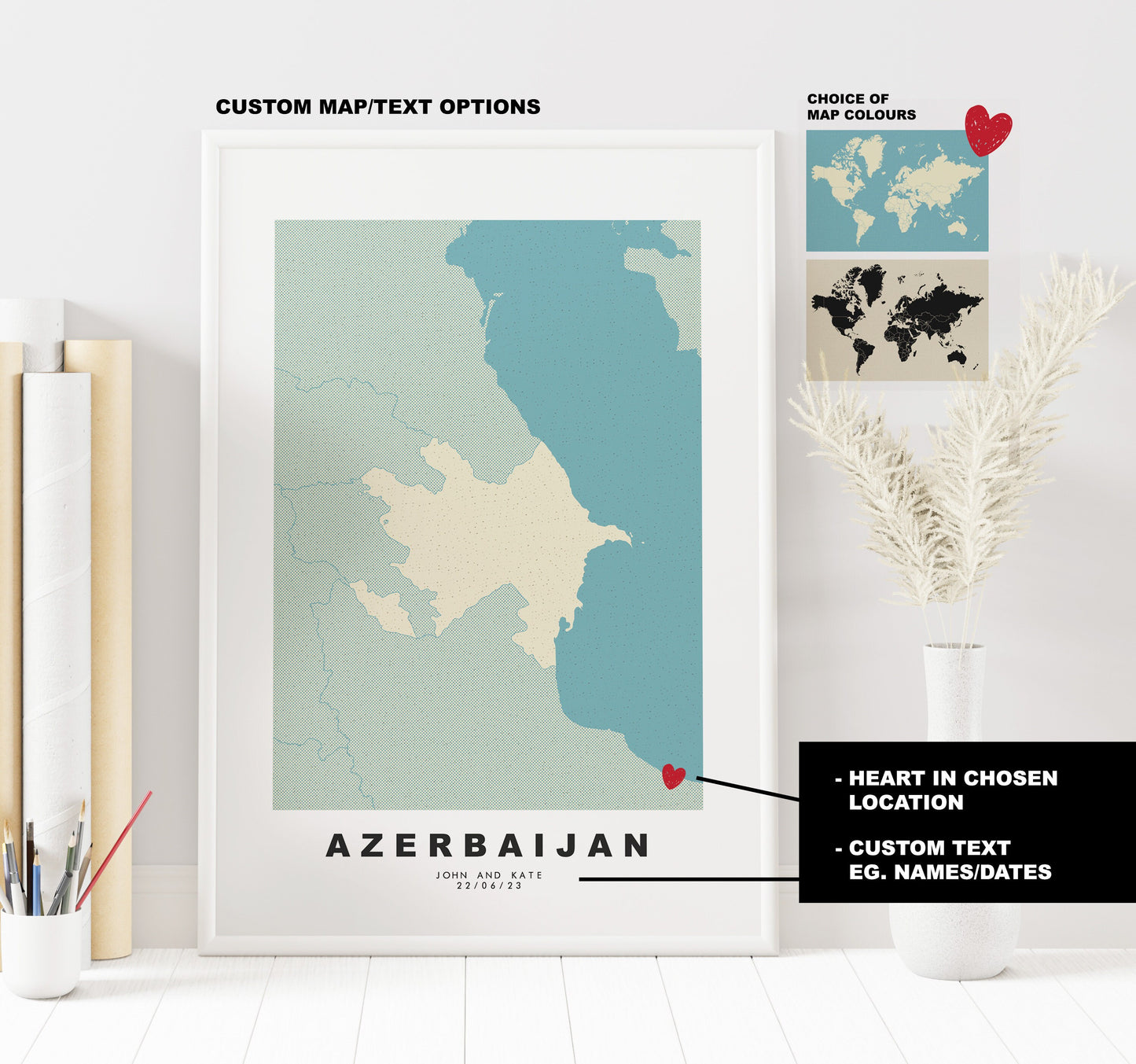 Azerbaijan Map Print - Personalised Map Gift - Framed or Canvas Options Available - Custom Text Options - Personalised Gift - Europe