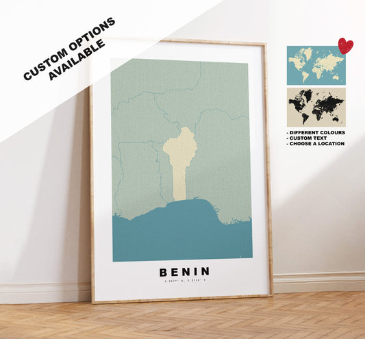 Benin Map Print - Personalised Map Gift - Framed or Canvas Options Available - Custom Text Options - Personalised Gift - Africa