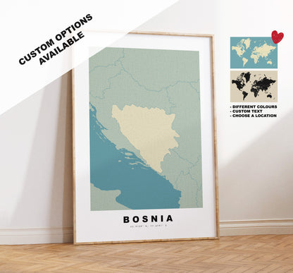 Bosnia Map Print - Personalised Map Gift - Framed or Canvas Options Available - Custom Text Options - Personalised Gift - Europe