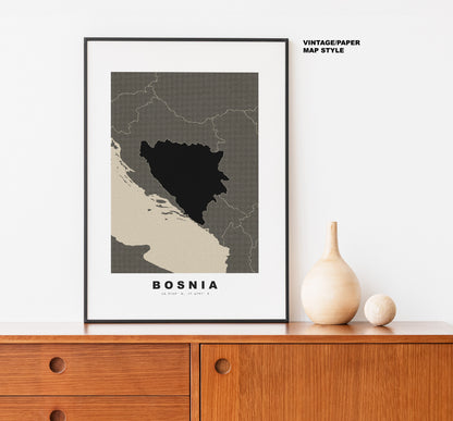 Bosnia Map Print - Personalised Map Gift - Framed or Canvas Options Available - Custom Text Options - Personalised Gift - Europe