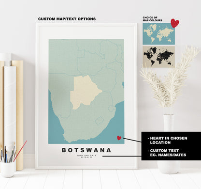 Botswana Map Print - Personalised Map Gift - Framed or Canvas Options Available - Custom Text Options - Personalised Gift - Africa