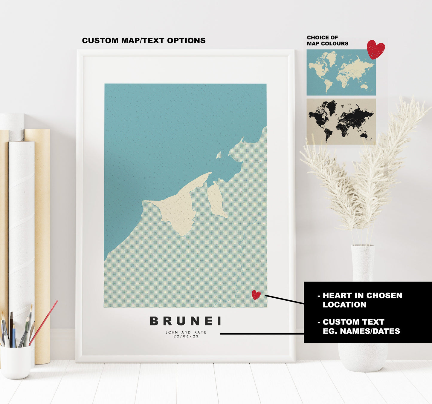 Brunei Map Print - Personalised Map Gift - Framed or Canvas Options Available - Custom Text Options - Personalised Gift - Asia