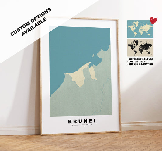 Brunei Map Print - Personalised Map Gift - Framed or Canvas Options Available - Custom Text Options - Personalised Gift - Asia