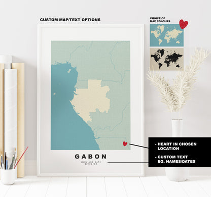 Gabon Map Print - Personalised Map Gift - Framed or Canvas Options Available - Custom Text Options - Personalised Gift - Africa