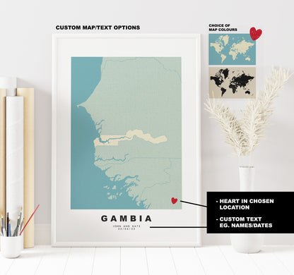 Gambia Map Print - Personalised Map Gift - Framed or Canvas Options Available - Custom Text Options - Personalised Gift - Africa