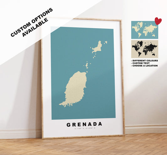 Grenada Map Print - Personalised Map Gift - Framed or Canvas Options Available - Custom Text Options - Personalised Gift - Carribean