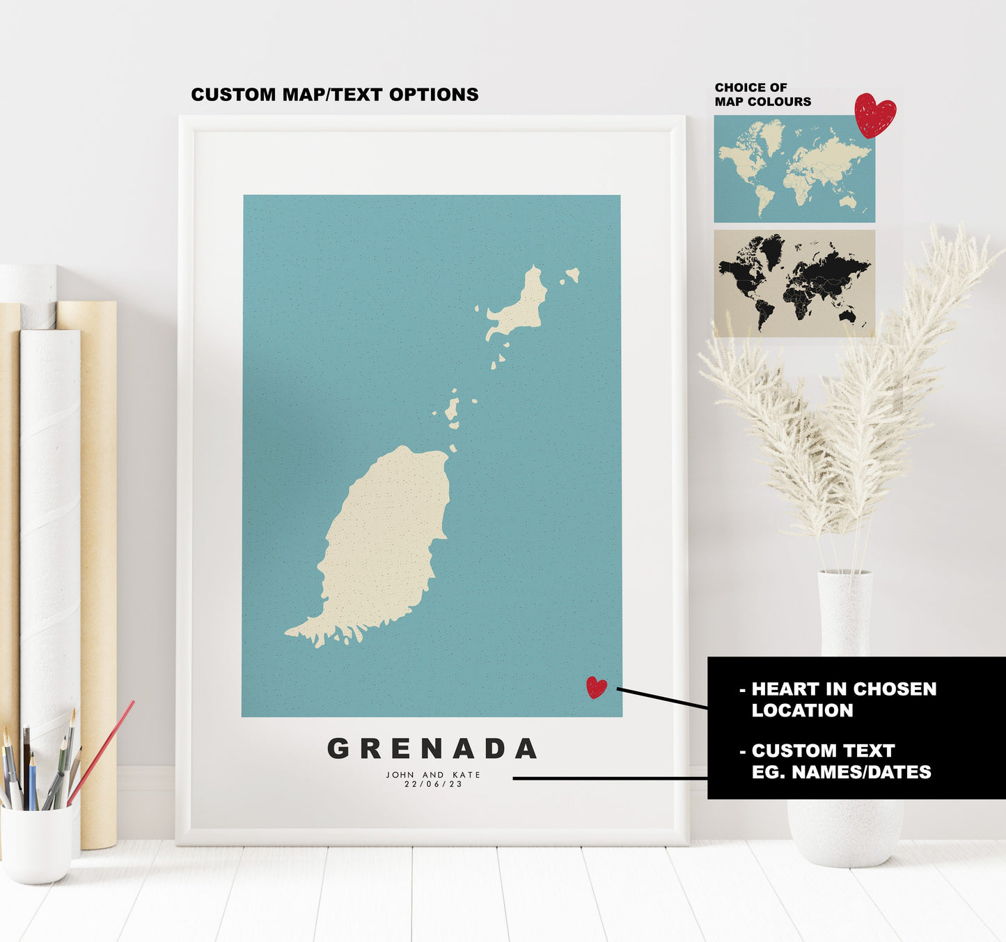 Grenada Map Print - Personalised Map Gift - Framed or Canvas Options Available - Custom Text Options - Personalised Gift - Carribean