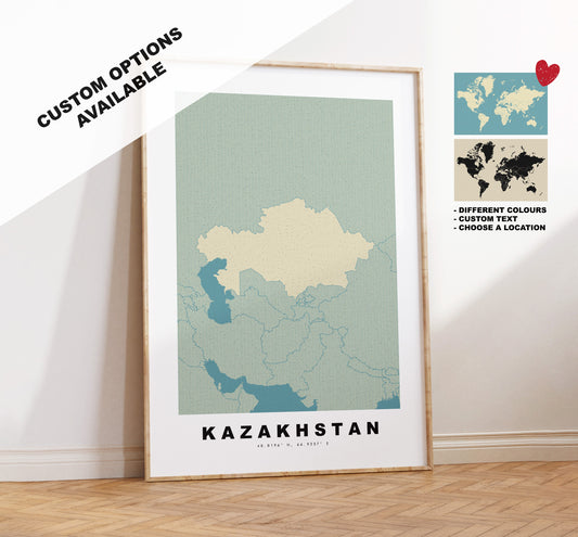 Kazakhstan Map Print - Personalised Map Gift - Framed or Canvas Options Available - Custom Text Options - Personalised Gift - Asia