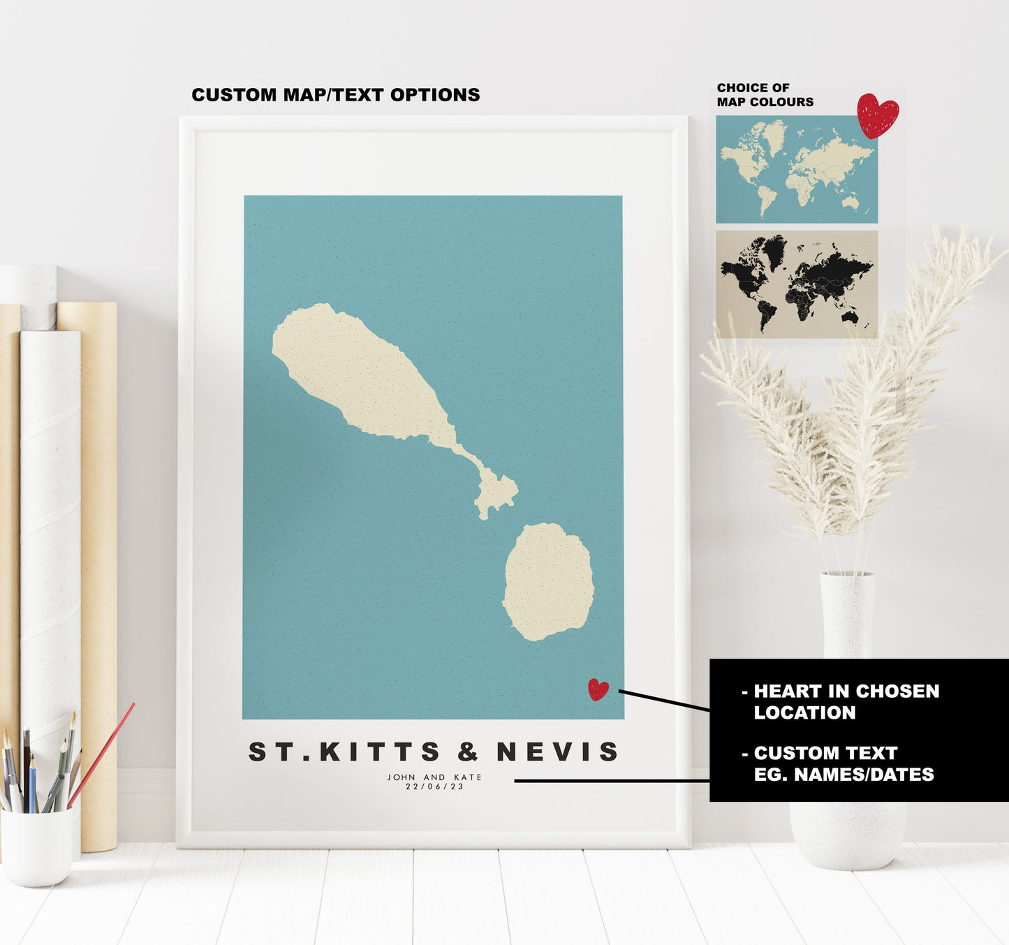 Saint Kitts and Nevis Map Print - Personalised Map Gift - Framed or Canvas Options Available - Custom Text Options - Personalised Gift - Caribbean