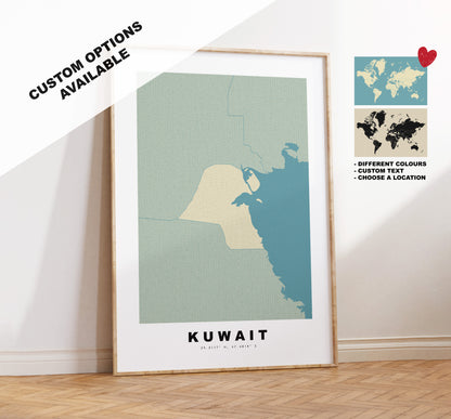 Kuwait Map Print - Personalised Map Gift - Framed or Canvas Options Available - Custom Text Options - Personalised Gift - Middle East