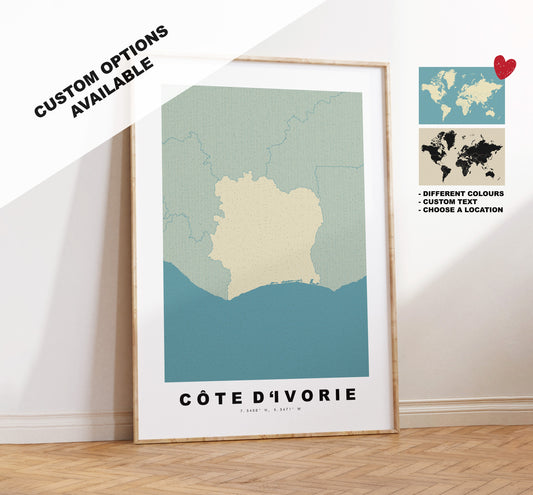 Ivory Coast Map Print - Personalised Map Gift - Framed or Canvas Options Available - Custom Text Options - Personalised Gift - Africa