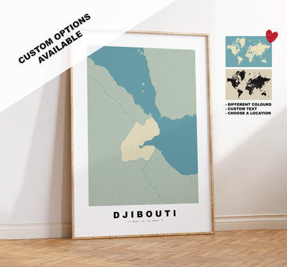 Djibouti Map Print - Personalised Map Gift - Framed or Canvas Options Available - Custom Text Options - Personalised Gift - Africa