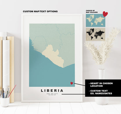 Liberia Map Print - Personalised Map Gift - Framed or Canvas Options Available - Custom Text Options - Personalised Gift - Africa