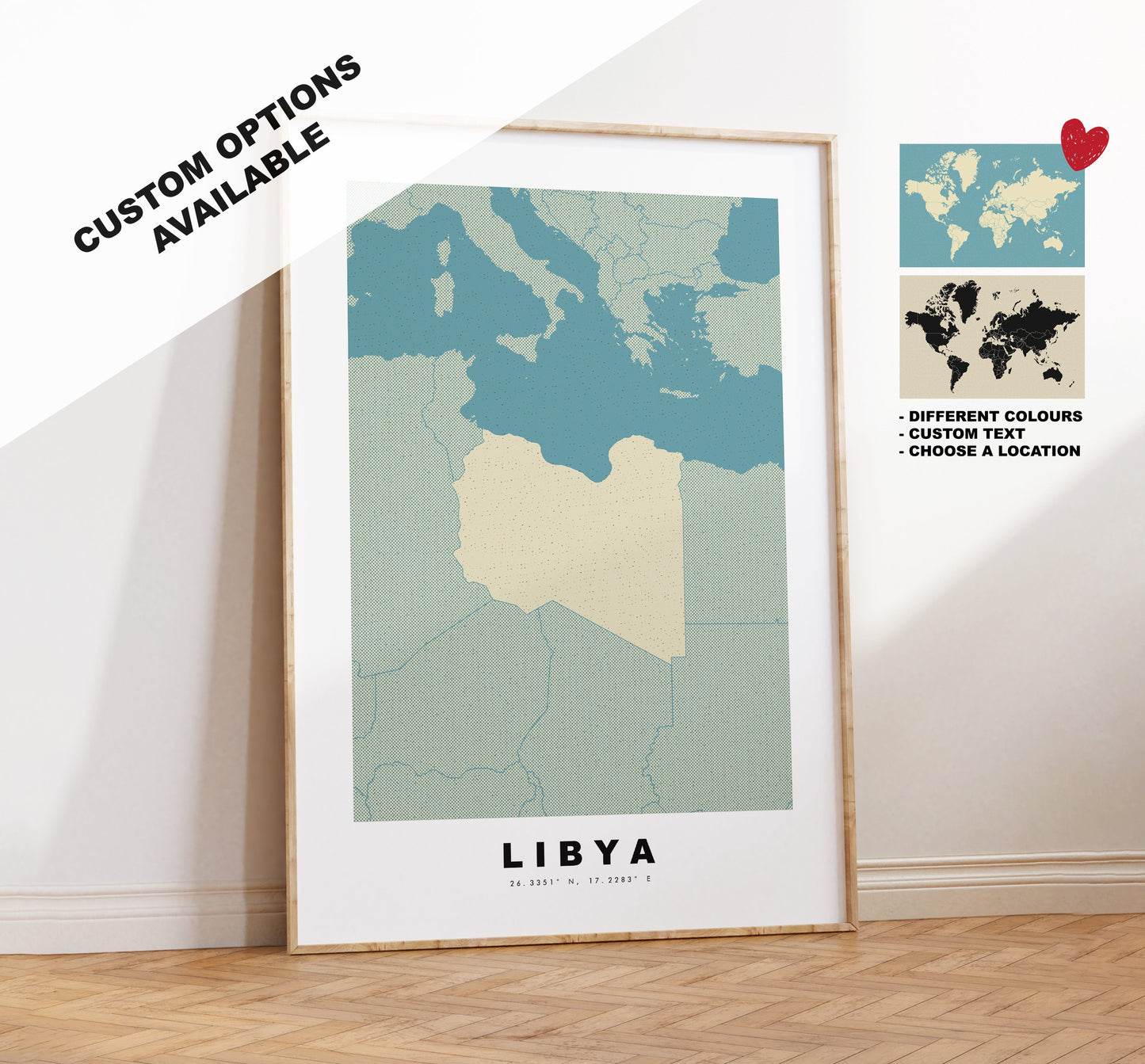 Libya Map Print - Personalised Map Gift - Framed or Canvas Options Available - Custom Text Options - Personalised Gift - Africa