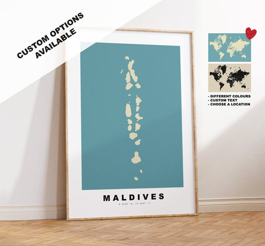 Maldives Map Print - Personalised Map Gift - Framed or Canvas Options Available - Custom Text Options - Personalised Gift - Asia