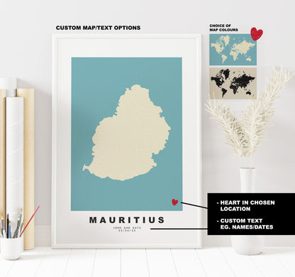 Mauritius Map Print - Personalised Map Gift - Framed or Canvas Options Available - Custom Text Options - Personalised Gift - Caribbean