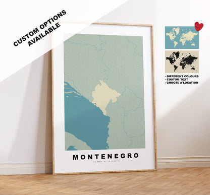 Montenegro Map Print - Personalised Map Gift - Framed or Canvas Options Available - Custom Text Options - Personalised Gift - Europe