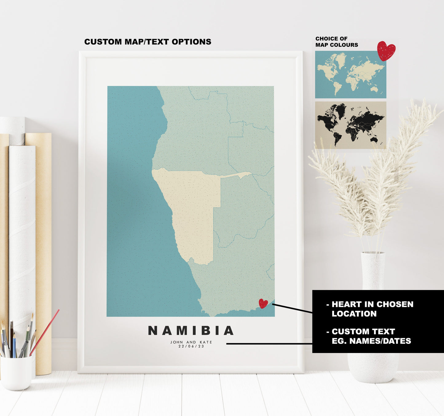 Namibia Map Print - Personalised Map Gift - Framed or Canvas Options Available - Custom Text Options - Personalised Gift - Africa