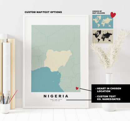 Nigeria Map Print - Personalised Map Gift - Framed or Canvas Options Available - Custom Text Options - Personalised Gift - Africa