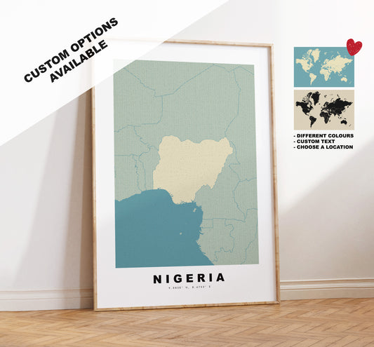 Nigeria Map Print - Personalised Map Gift - Framed or Canvas Options Available - Custom Text Options - Personalised Gift - Africa