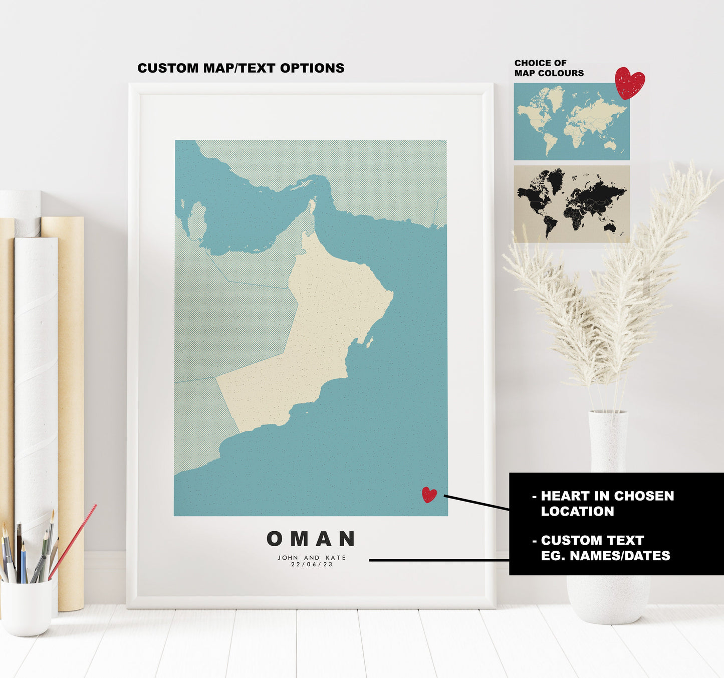 Oman Map Print - Personalised Map Gift - Framed or Canvas Options Available - Custom Text Options - Personalised Gift - Middle East