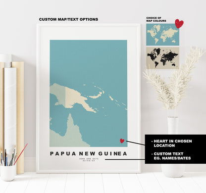 Papua New Guinea Map Print - Personalised Map Gift - Framed or Canvas Options Available - Custom Text Options - Personalised Gift - Asia