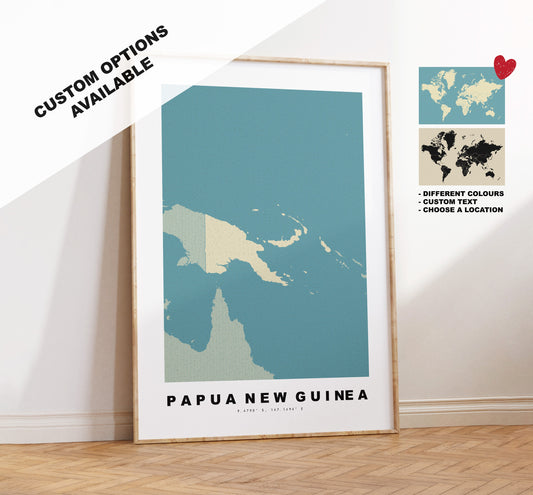 Papua New Guinea Map Print - Personalised Map Gift - Framed or Canvas Options Available - Custom Text Options - Personalised Gift - Asia